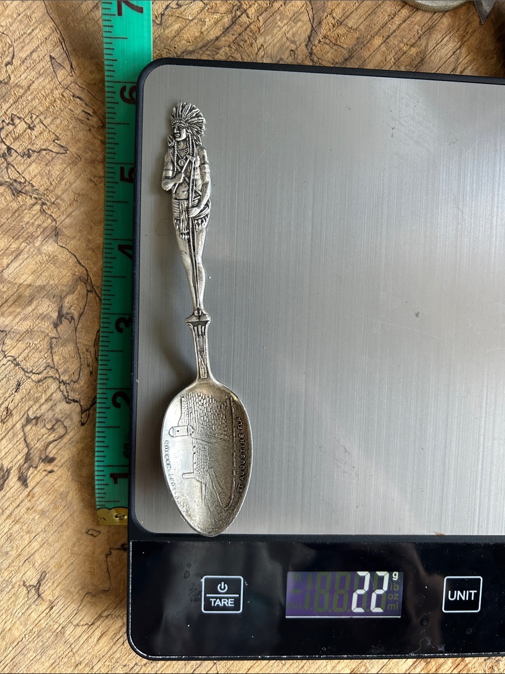 22 gr Sterling Silver Native Chief Collectible Spoon-St. Augustine Florida 5.5”